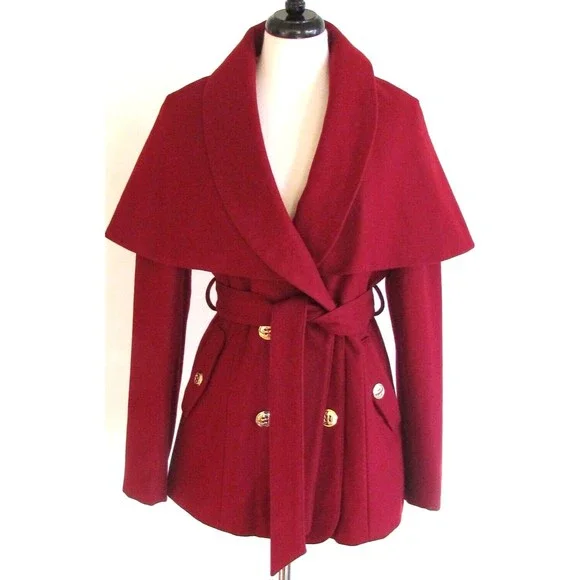 Steve Madden Burgundy Wool Capelet with Faux Fur Collar Double Breasted Coat L